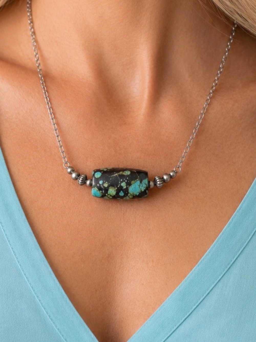 Necklace*Spider Web Turquoise 925 Sterling Silver Beads Pearls and Chain